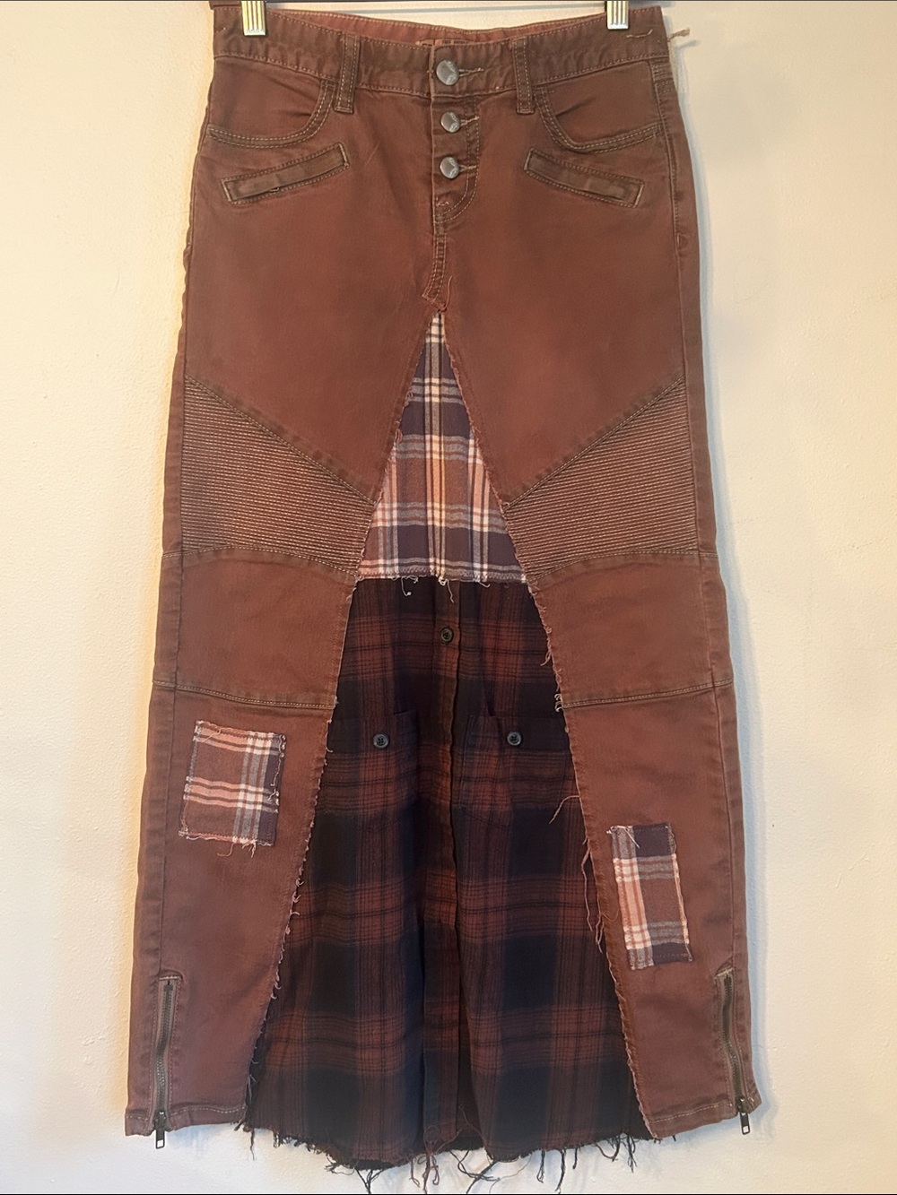 Upcycled free people moto denim jean and plaid button down skirt